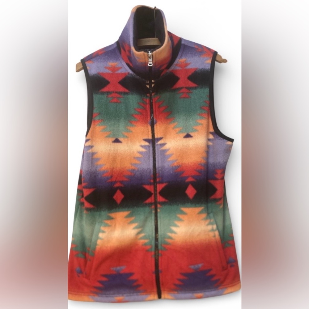 CHAPS‎ Southwestern Aztec Fleece Vest Women's Medium Zip Up Bold Southwest Print